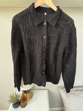 Black Open-Knit Button-Front Cardigan